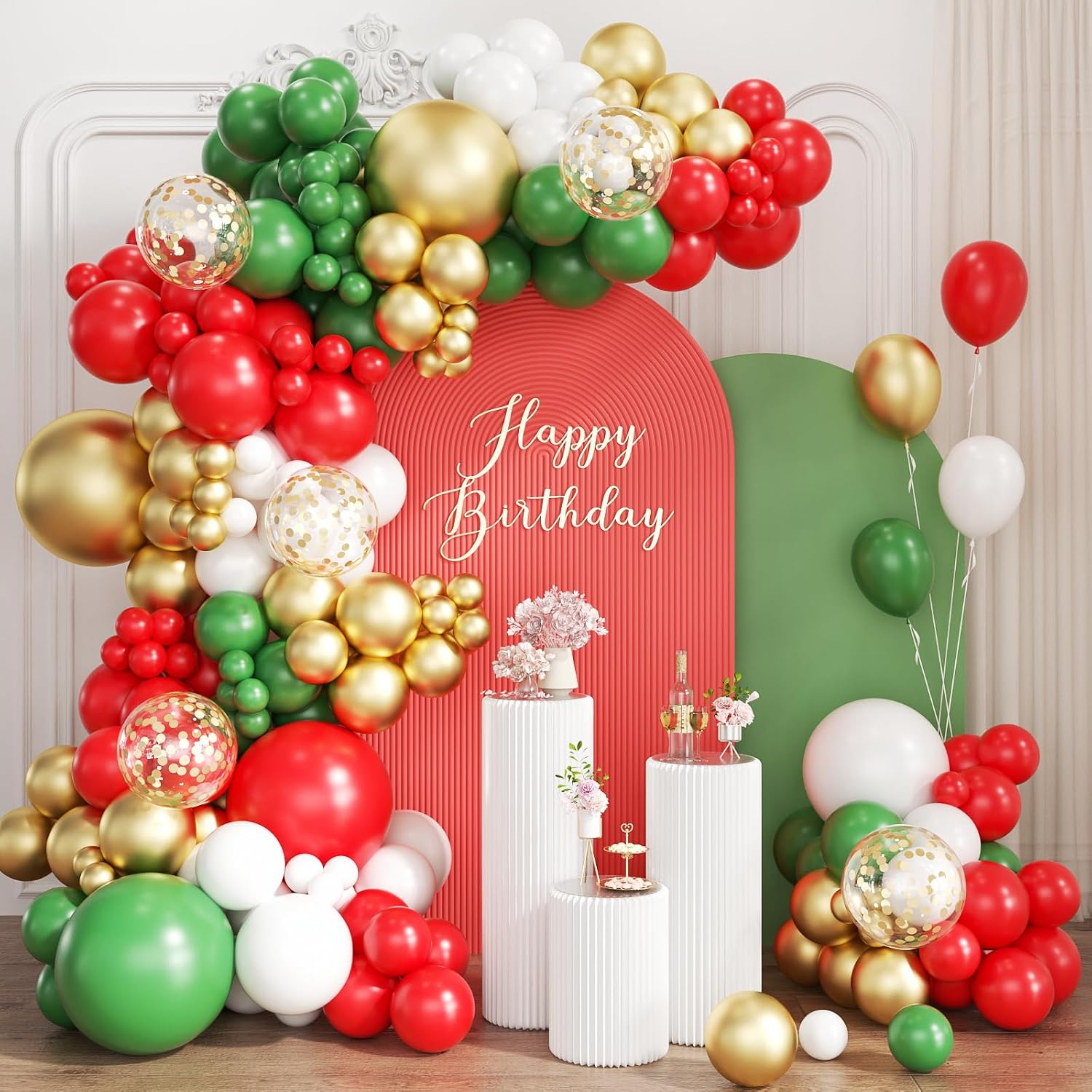 Balloon Arch Kit - 赤、白、緑、金のバルーンアーチキット。167個入り。クリスマスバルーン、様々なサイズ（18インチ、12インチ、10インチ、5インチ）で、誕生日、ベビーシャワー、新年、クリスマス、ホリデーパーティーの装飾に最適。