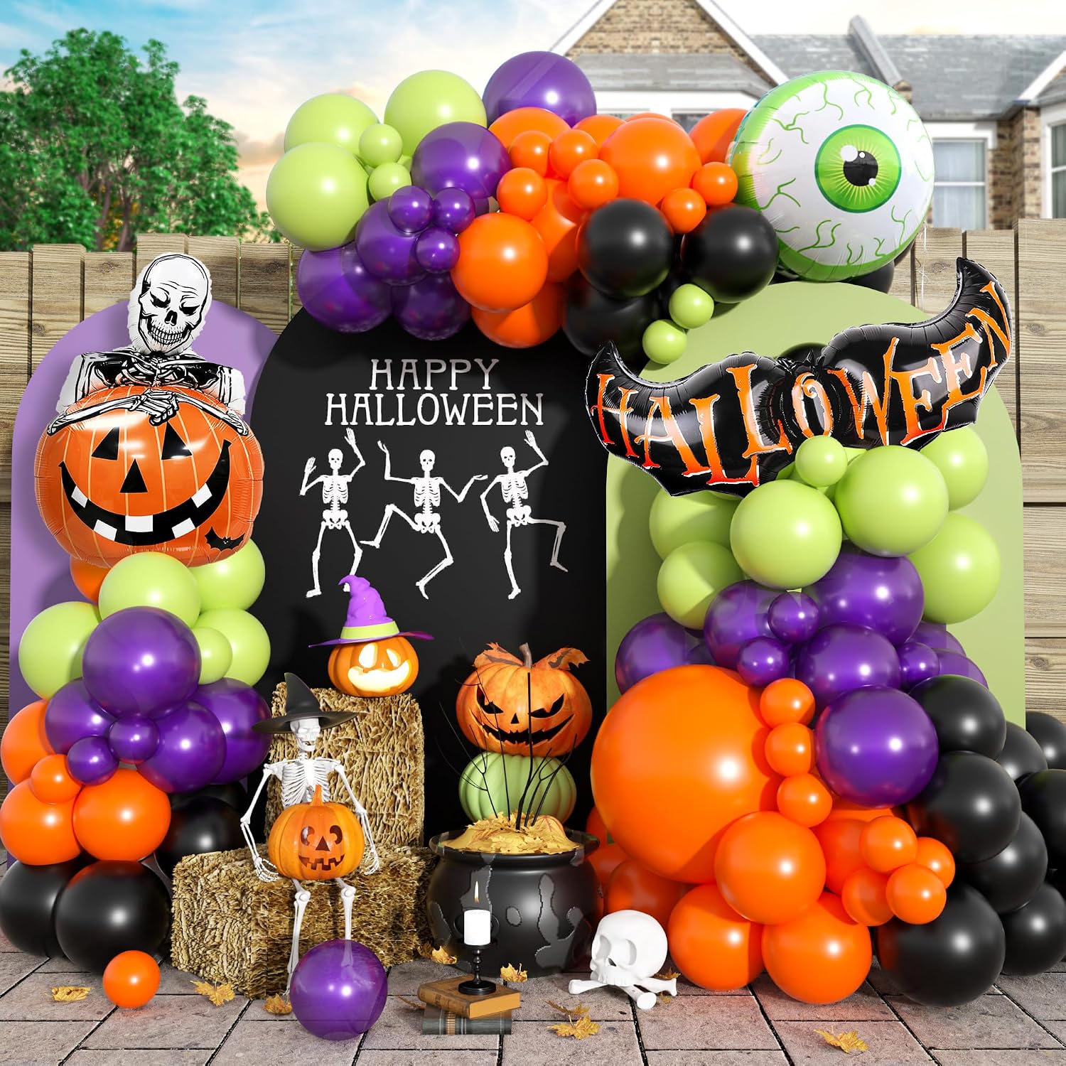 Balloon Arch Kit - ハロウィンバルーンガーランドアーチキット、オレンジ、グリーン、パープルのバルーンアーチキット（大きなグリーンゴーストアイとバットスカルパンプキンのフォイルバルーン付き）、ハロウィンパーティーバルーン（自宅の庭や誕生日の装飾用）