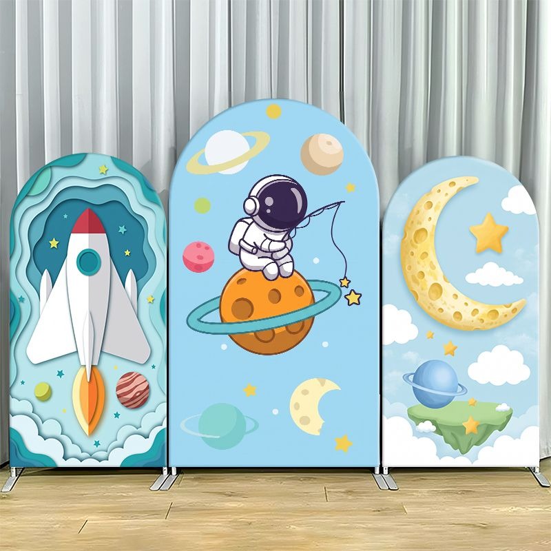 Event Launch Party - 伸縮性のある二重構造の背景カバー。宇宙探査をテーマにした背景バナーのセット。ロケット打ち上げ、土星、宇宙飛行士のデザイン。