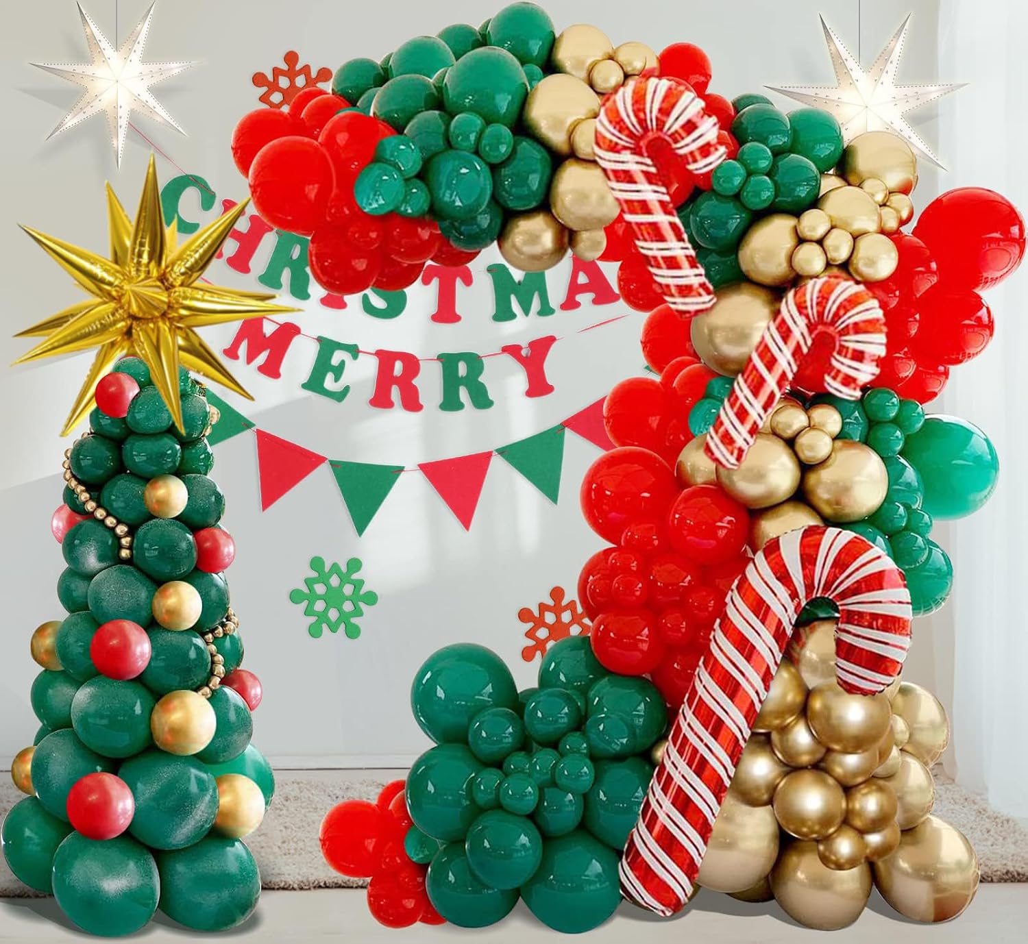 Balloon Arch Kit - クリスマスパーティーデコレーション用のクリスマスバルーンガーランドアーチキット（赤、緑、金色のツリー、キャンディケイン、金色の水滴、爆発する星型バルーン付き）