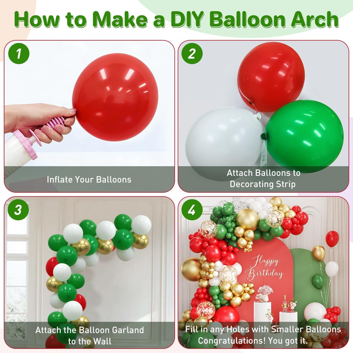 赤、白、緑、金のバルーンアーチキット。167個入り。クリスマ - Balloon Arch Kit のレビューと価格