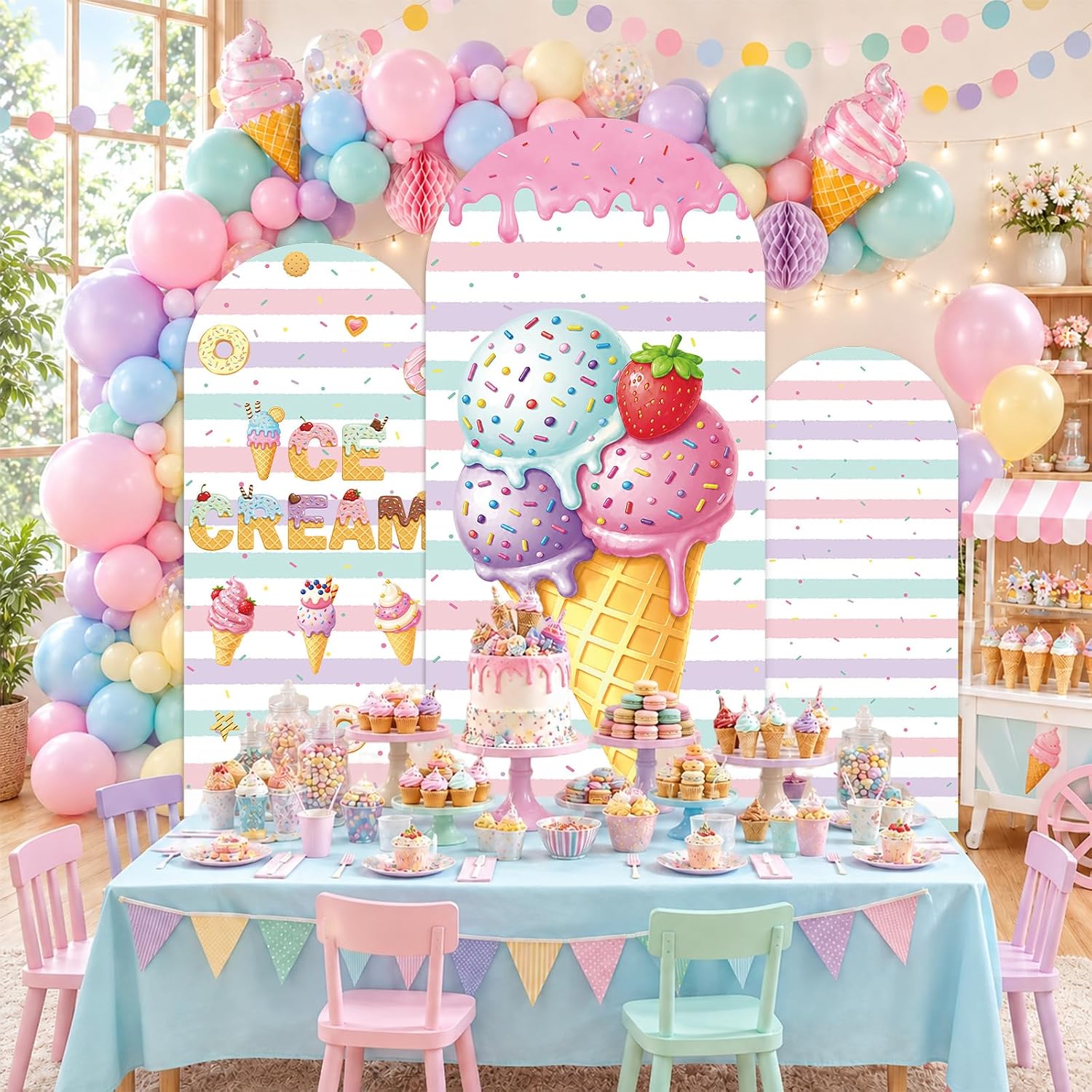 カスタムメイドの両面ストライプ柄アイスクリームアーチ型背景カ - Dessert Table Backdrop のレビューと価格
