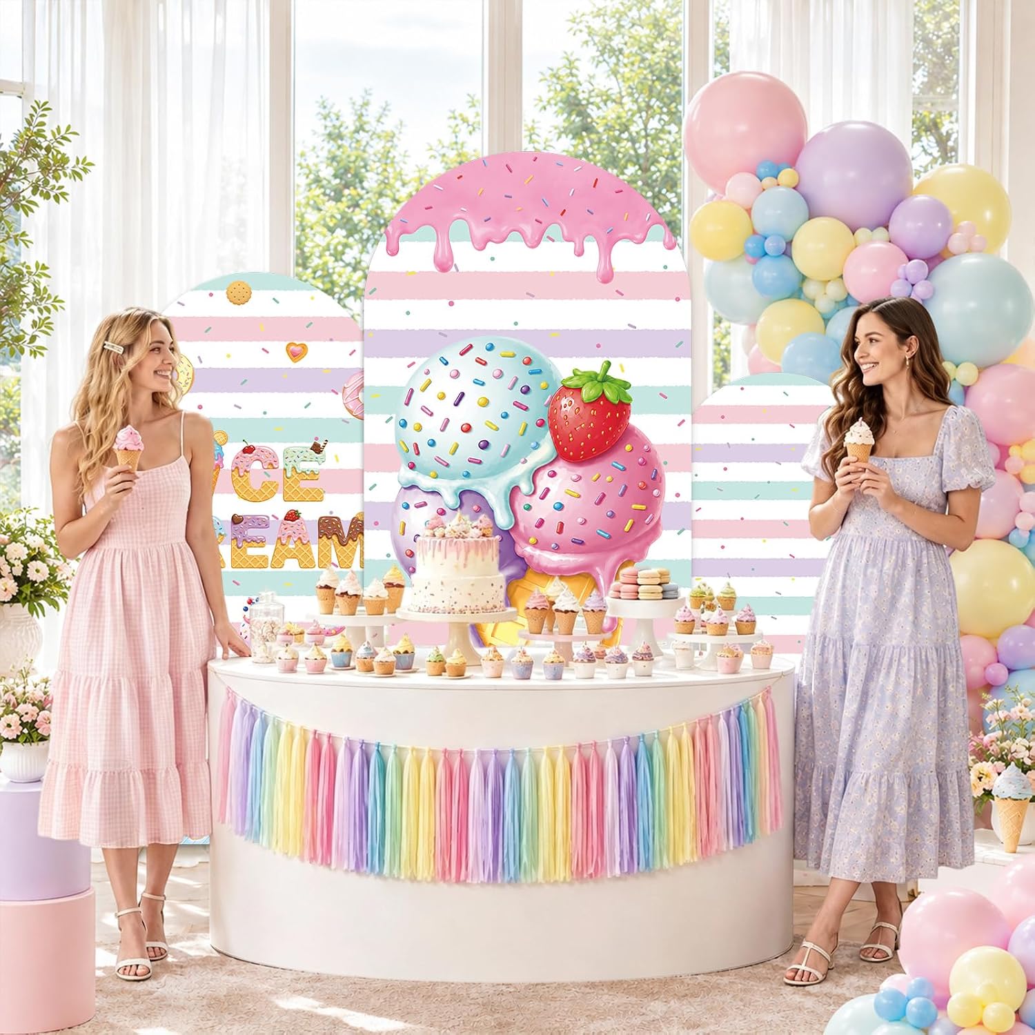 カスタムメイドの両面ストライプ柄アイスクリームアーチ型背景カ - Dessert Table Backdrop のレビューと価格