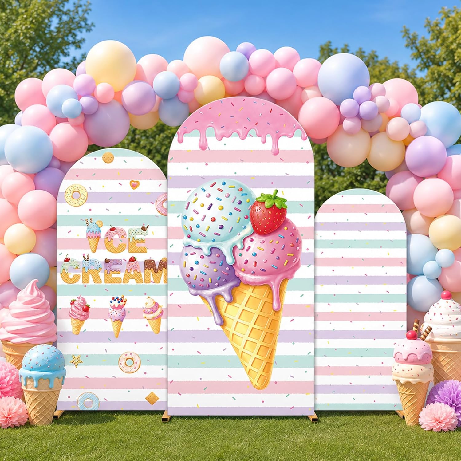カスタムメイドの両面ストライプ柄アイスクリームアーチ型背景カ - Dessert Table Backdrop のレビューと価格