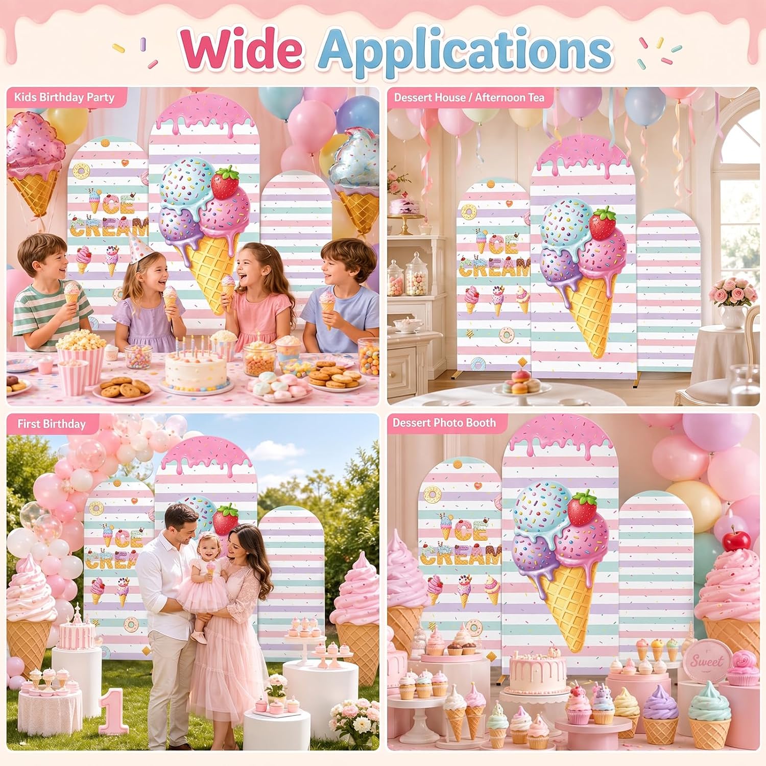 カスタムメイドの両面ストライプ柄アイスクリームアーチ型背景カ - Dessert Table Backdrop のレビューと価格