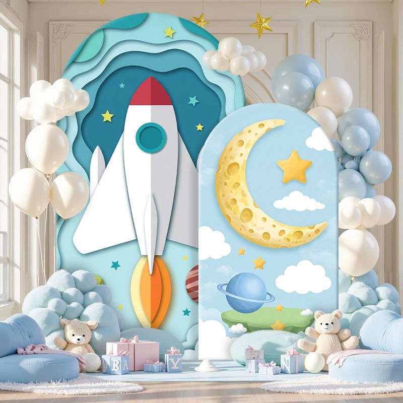 伸縮性のある二重構造の背景カバー。宇宙探査をテーマにした背景 - Event Launch Party のレビューと価格