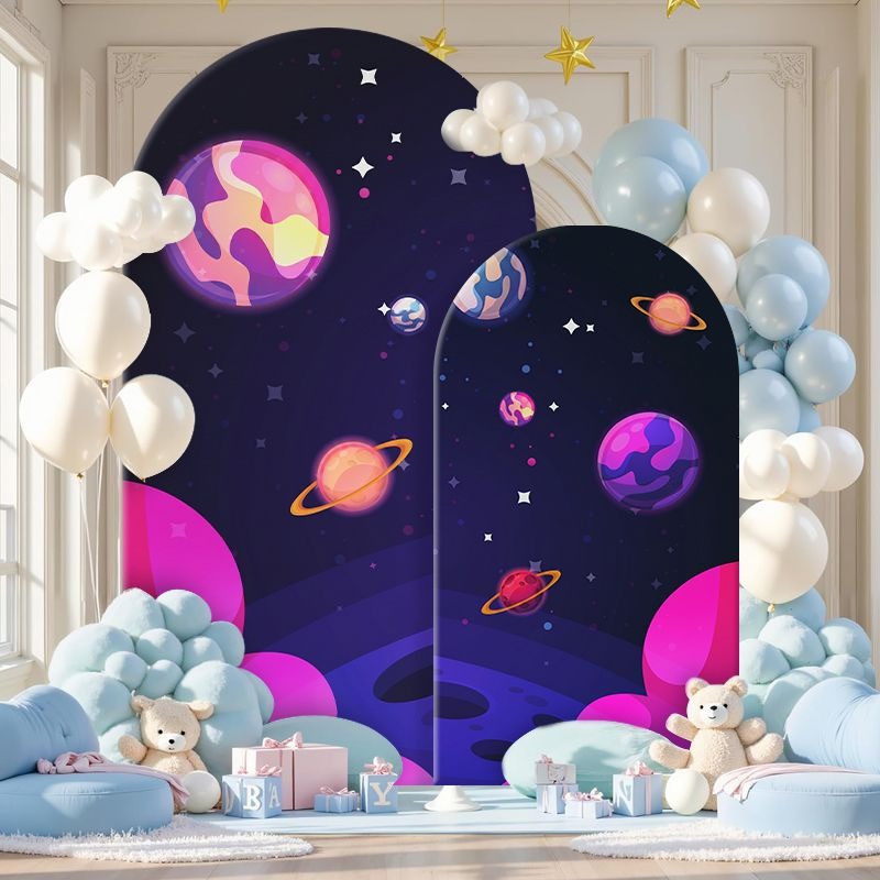 伸縮性のある二重構造の背景カバー。惑星と星が描かれた宇宙ロケ - Event Launch Party のレビューと価格